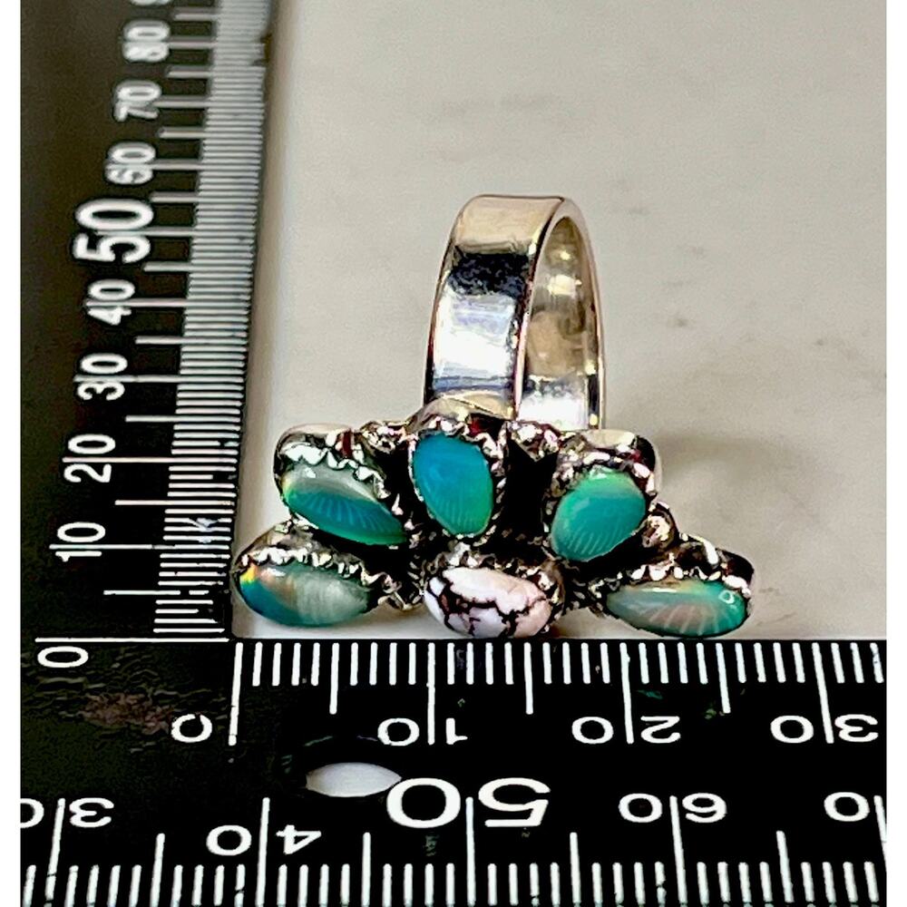 Balloon Opal Wild Horse Turquoise Sterling Cluster Ring Adjust Southwestern 925 - Picture 13 of 15